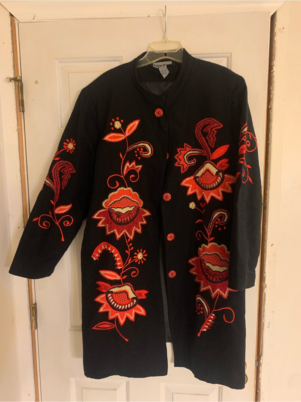 Indigo Black Trench Coat with Red & Orange Floral Embroidery